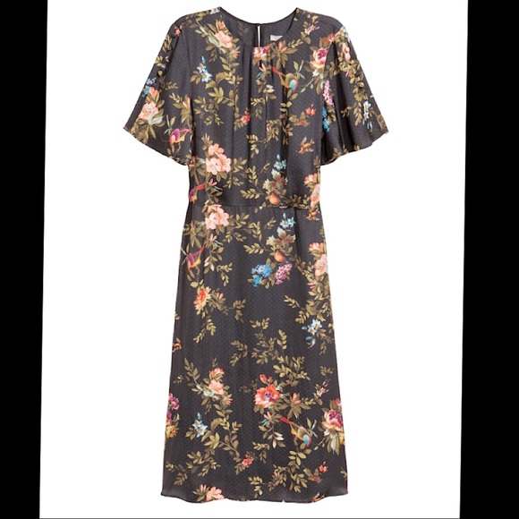 SOLD - H&M Floral Bird Midi Silky Black Dress - Picture 1 of 10
